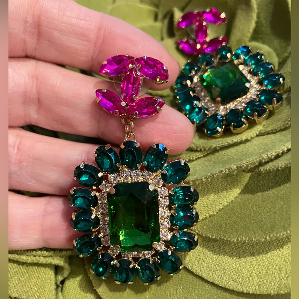 High Fashion Gorgeous Pink and Green Gemstone Earrings - Picture 8 of 8